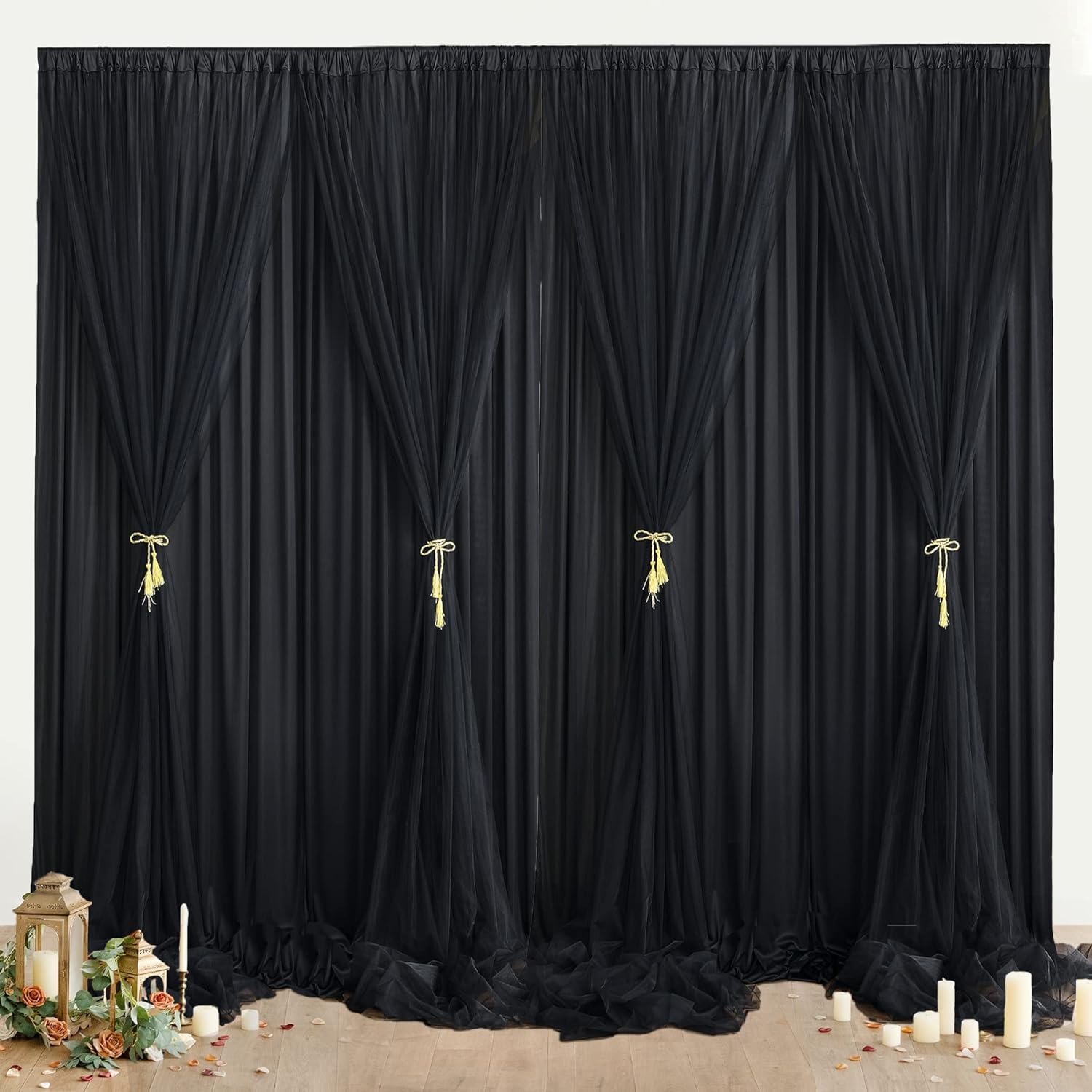 Paneles de cortina de tul negro de 30 x 10 pies, doble capa sin arrugas, cortinas de tul negro para bodas, fiestas de Halloween, cumpleaños,