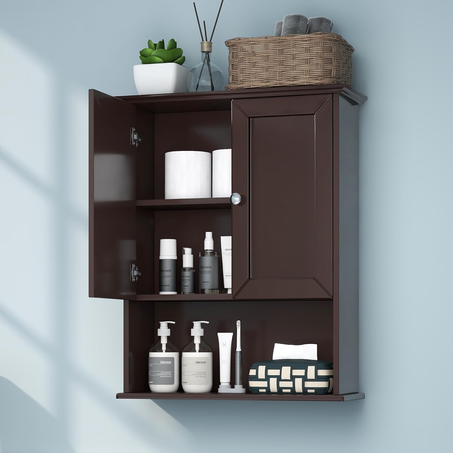 VANIRROR Armario de pared para baño, color marrón, sobre inodoro, 24 x 30 pulgadas, armarios de madera para medicamentos montados en la pared con 2