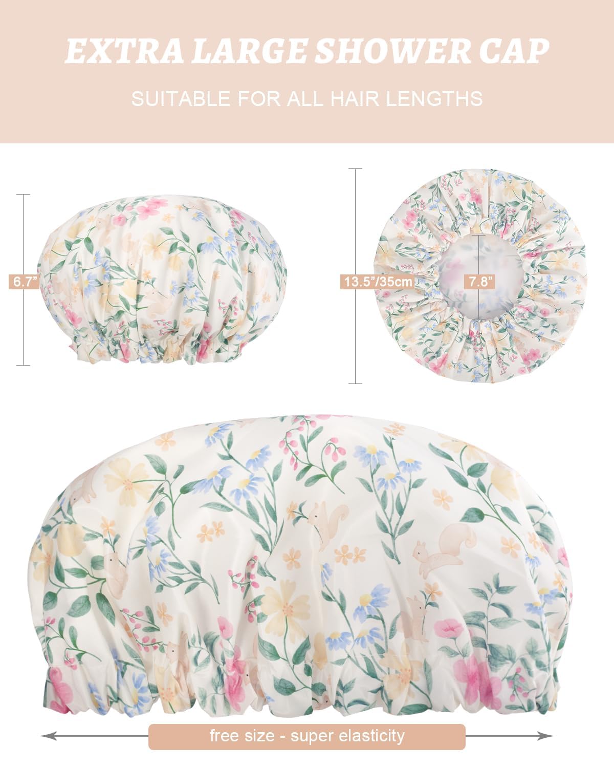 Aquior Gorro de ducha impermeable de doble capa para mujer, gorro de ducha grande reutilizable para todas las longitudes de cabello con forro de