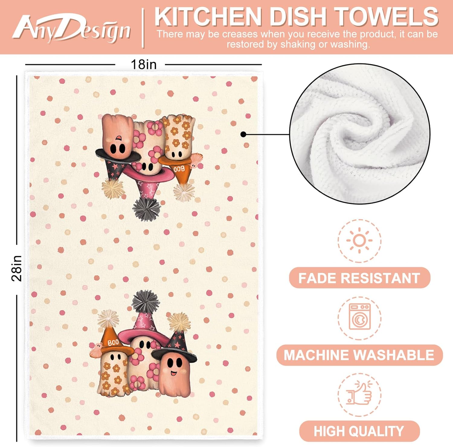 AnyDesign Toalla de cocina de Halloween Boo, paño de cocina rosa, lindo fantasma, toalla de té decorativa de secado a mano para Halloween,