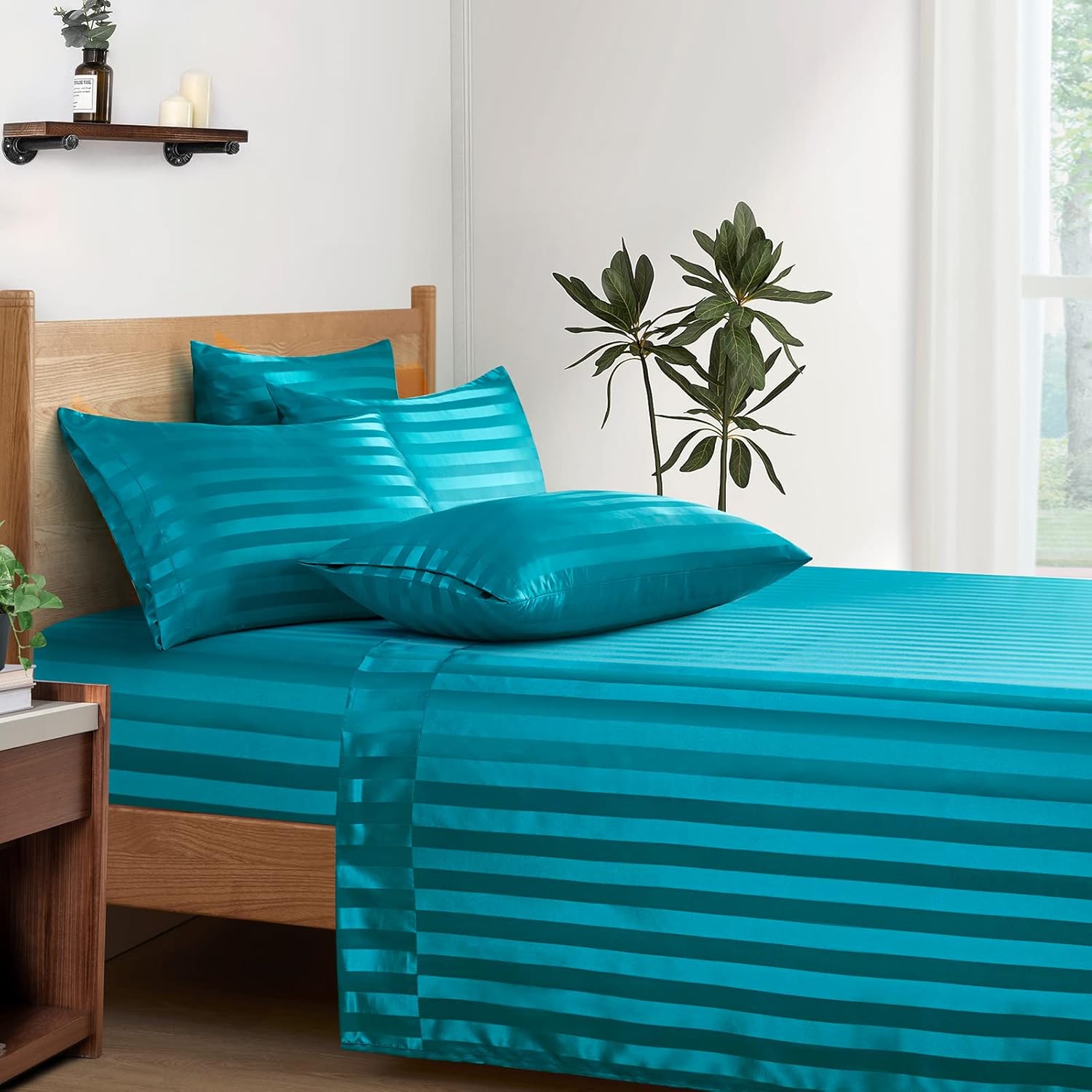 P Pothuiny Juego de sábanas de satén de 6 piezas con estampado a rayas, juego de ropa de cama de satén verde azulado, 1 sábana bajera de satén + 1