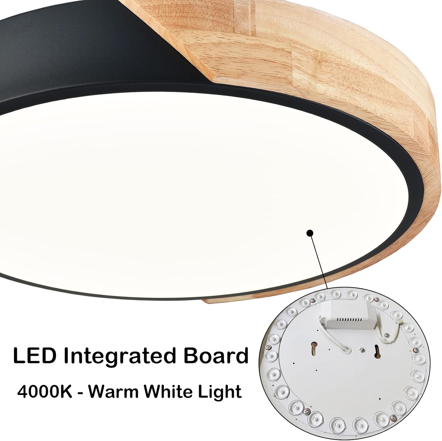 TEENYO Lámpara de techo LED moderna de montaje empotrado de 11.8 pulgadas, 4000 K, luz de techo redonda minimalista negra y de madera, lámpara de