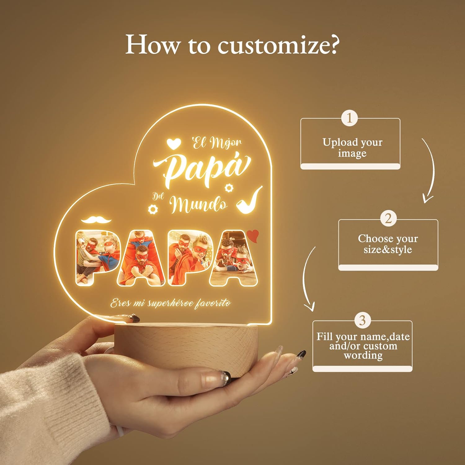 Bemaystar Regalos para papá, regalos personalizados para el día del padre de hija, hijo, esposa, luz nocturna LED acrílica con imagen, regalos para