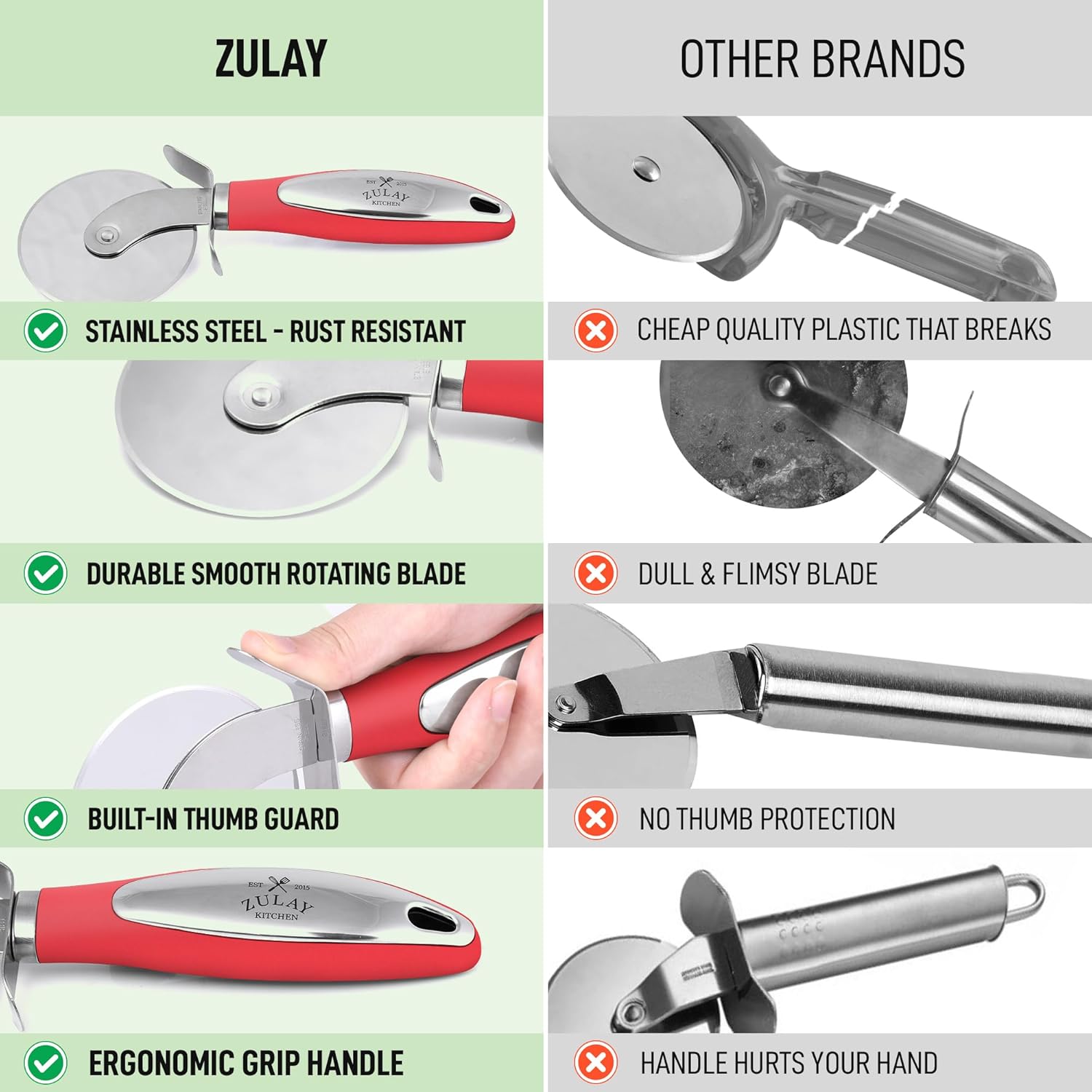 Zulay Kitchen Rueda grande para cortar pizza, cortador de pizza de acero inoxidable de alta calidad, rueda de pizza fácil de limpiar y cortar, mango