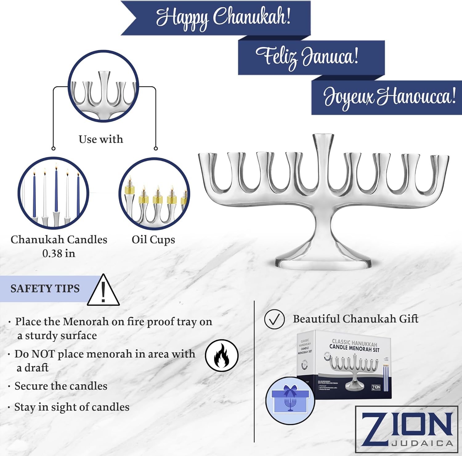 Zion Judaica Impresionante Menorá de diseñadores elegantes para Hanukkah Vela tradicional de alto pulido y aceite Chanukiah Clásico Chanukah Minorah