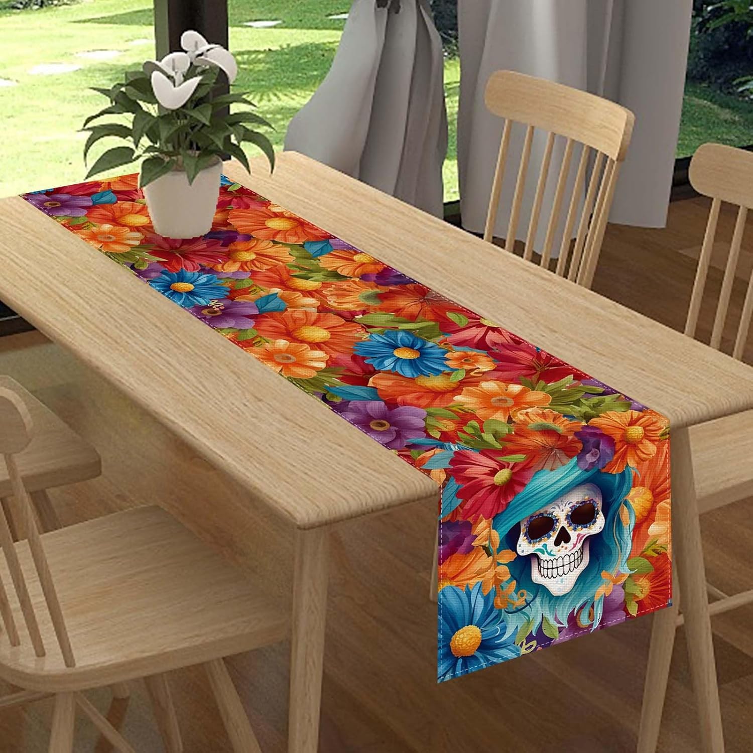 Camino de mesa de lino con diseño de calavera mexicana de 72 pulgadas de largo, diámetro de los muertos, decoración del día de los muertos para el