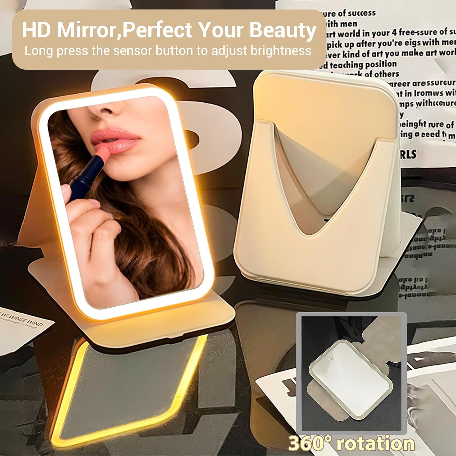 GcSige Espejo de tocador de viaje recargable con luces, espejo de belleza de maquillaje iluminado portátil, 3 modos de iluminación de color,