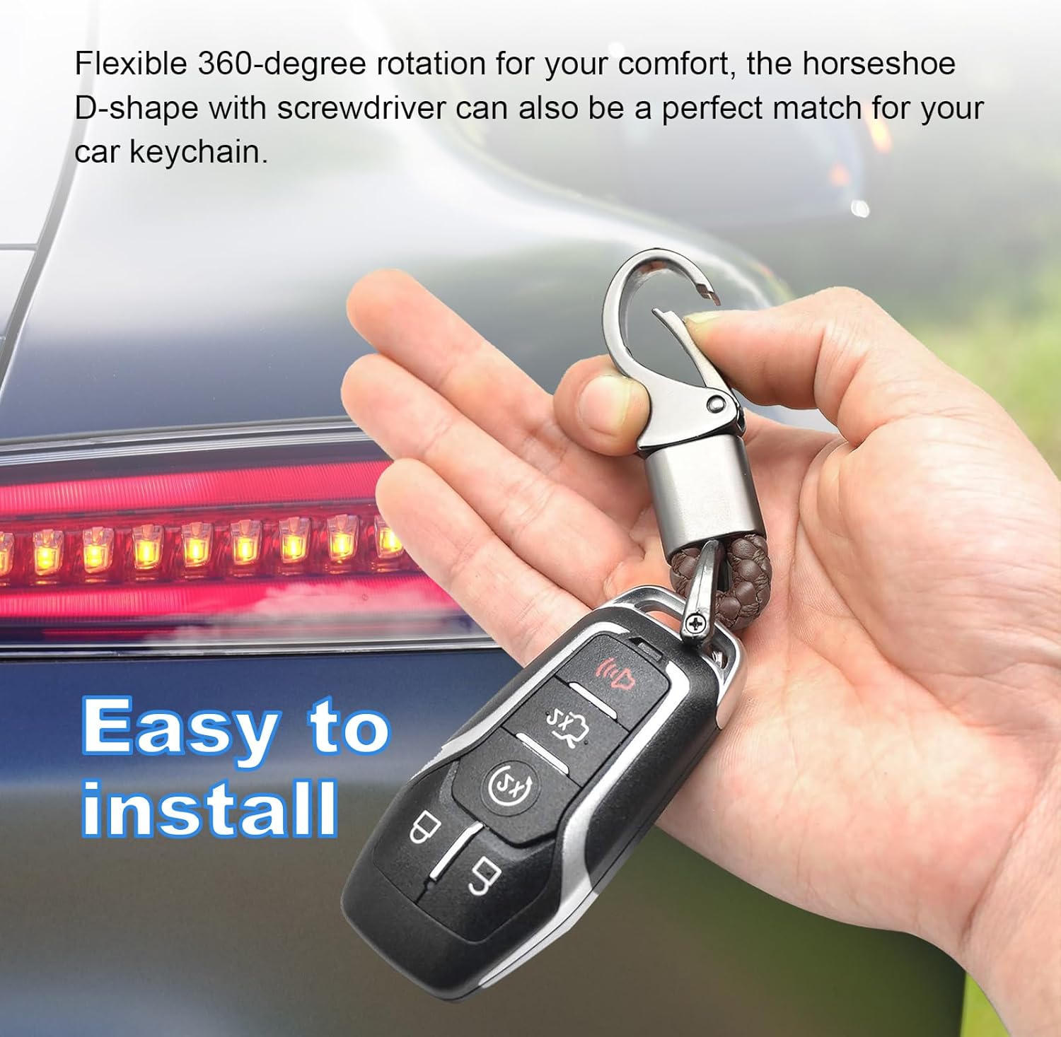 Llaveros para automóvil, 360 grados de cuero giratorio con anillo en D antipérdida, llaveros universales de metal resistente con destornillador para