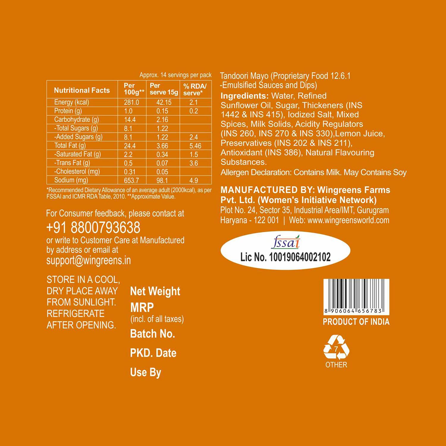 Wingreens Farms – Mayo Tandoori 200 gm – Paquete de 2