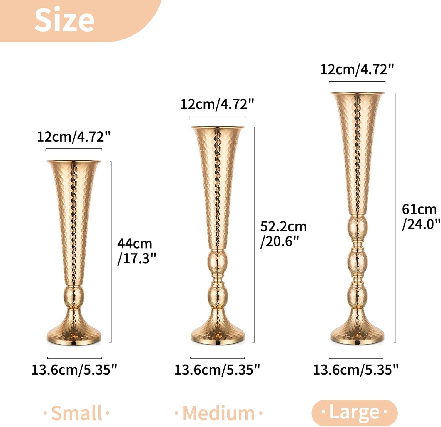 Nuptio 2 centros de mesa para mesa de boda, jarrón de trompeta de metal de 24 pulgadas de alto, jarrones de flores para fiesta, cena, centro de
