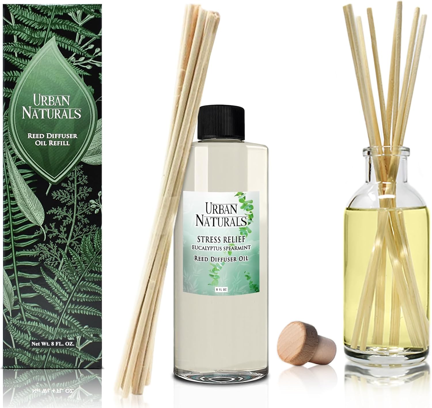 Urban Naturals Recambio de difusor de varillas de aceite esencial de eucalipto de menta verde para aliviar el estrés, tamaño grande de 8 onzas,