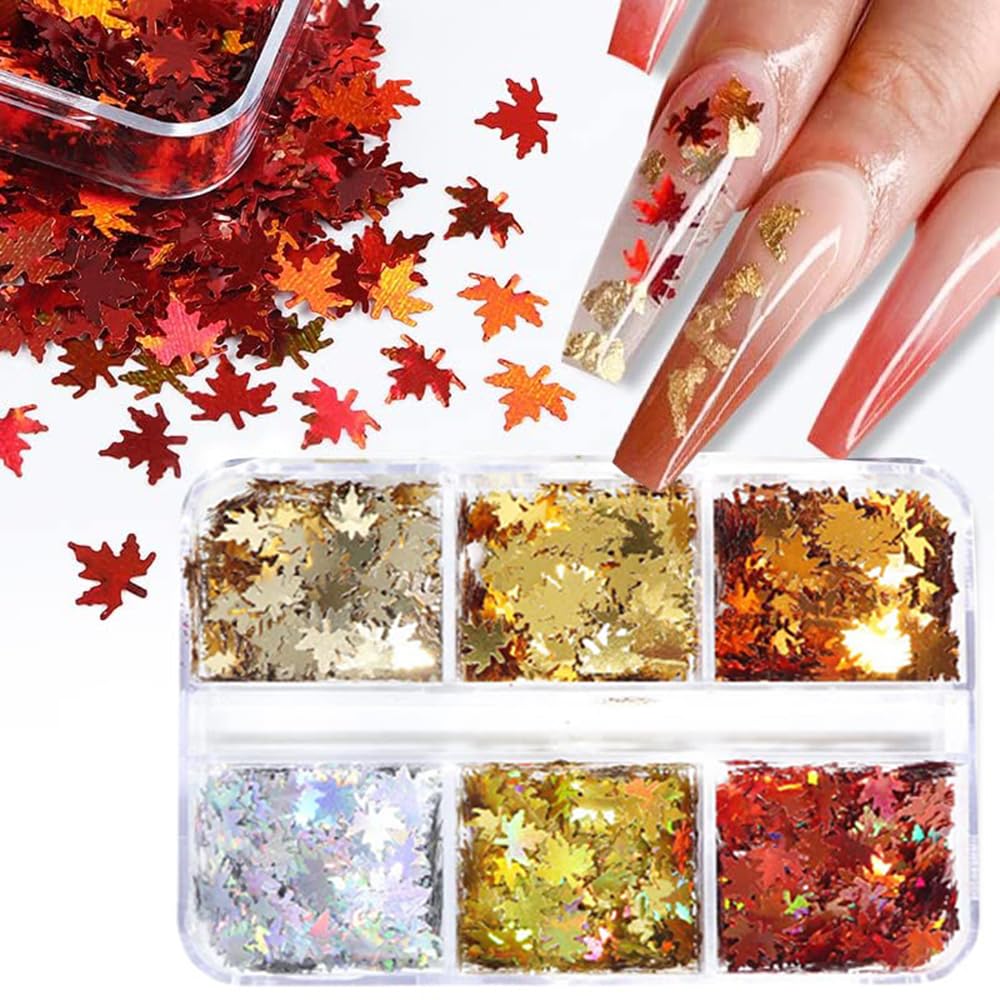 Arte de uñas de hoja de arce, brillantina, arte de uñas de otoño, holográfico 3D, 6 colores, láser de hojas de otoño, calcomanías de lentejuelas de