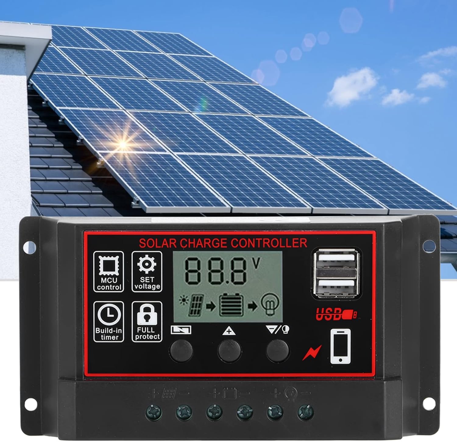 Uxsiya con microcontrolador incorporado Controlador de energía solar Controlador de batería solar de 30 A configurado de forma flexible para el