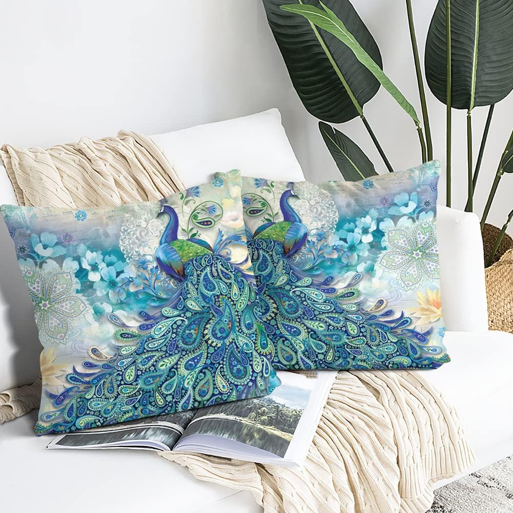 Juego de 2 fundas de almohada de pavo real verde azulado, acuarela azul turquesa vintage pavo real, regalos de pavo real, fundas de almohada