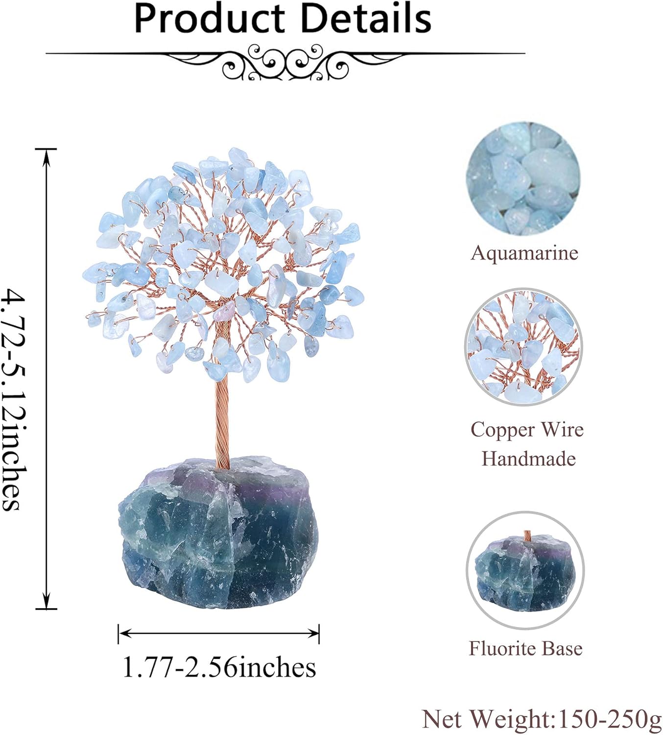 Jovivi Árbol de cristal de aguamarina natural, cristales curativos crudos, base de fluorita, árbol de dinero bonsái para decoración de mesa de