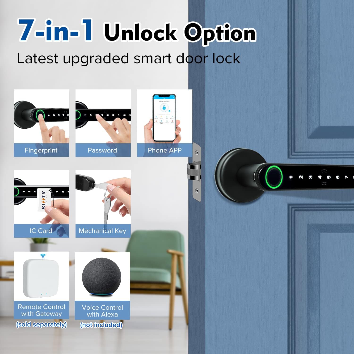 Cerradura de puerta de huella digital inteligente 7 en 1, negro mate, biométrica, sin llave