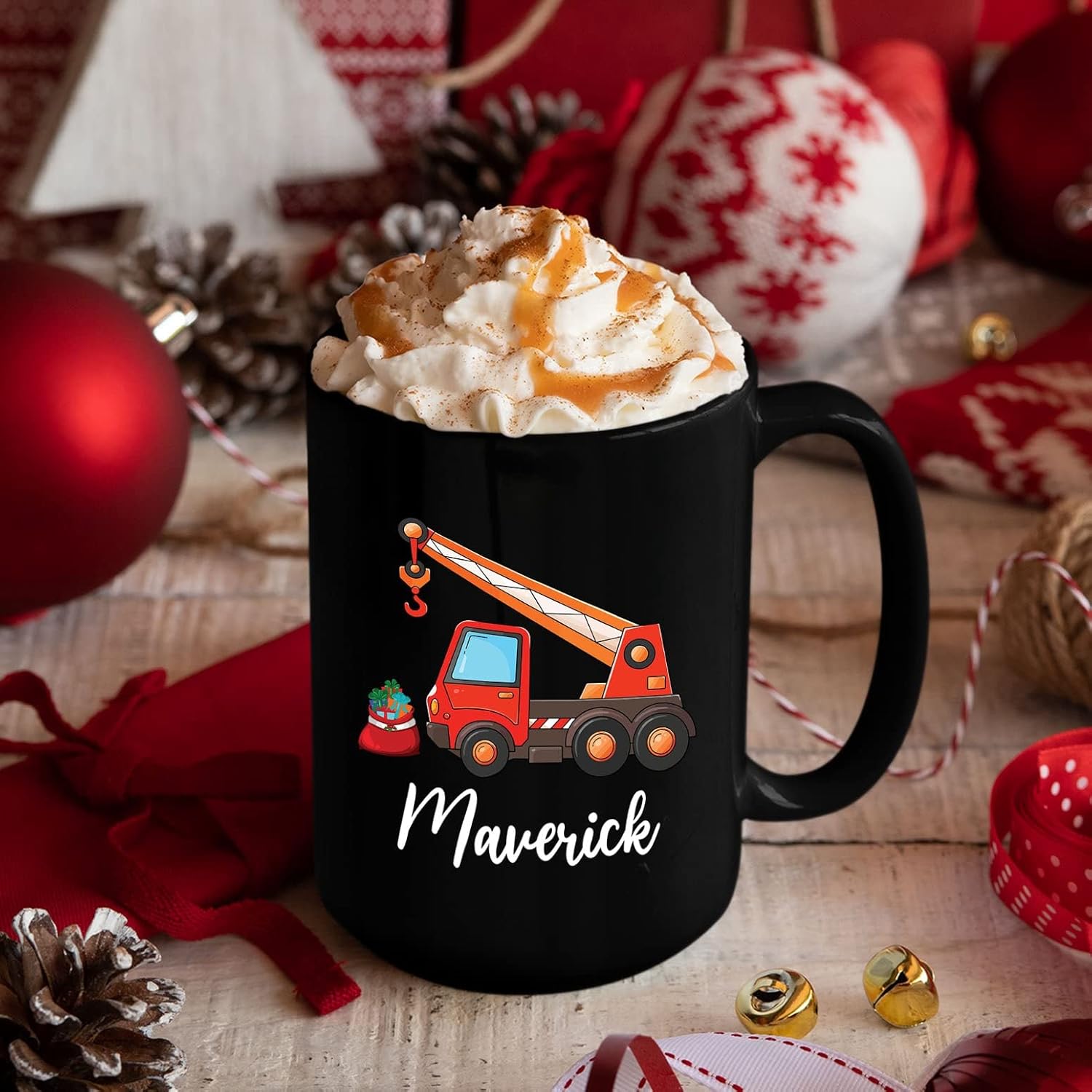 Taza de café personalizada con nombre de grúa para niños, taza de café para niños, camión grúa, tazas de cerámica negras de 11 onzas, 15 onzas, taza