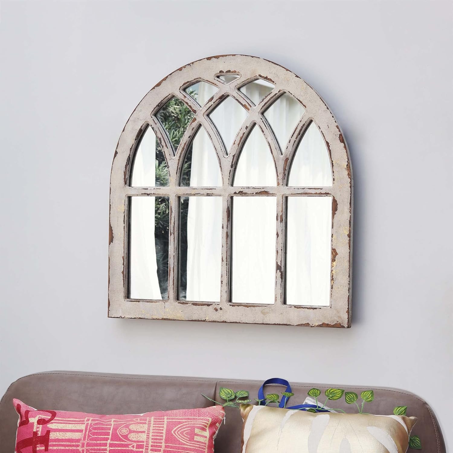 Espejo de pared de madera con arco de catedral rústico, espejo de pared con marco de madera rústica para ventana, color blanco envejecido, 31-78