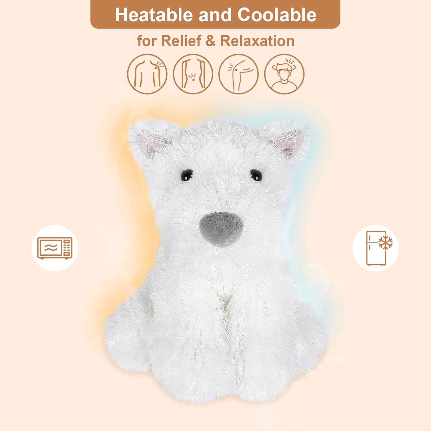Warmable West Highland White Terrier – Peluches térmicos para perros de peluche para microondas para calambres y dolor, cachorro Westie de lavanda