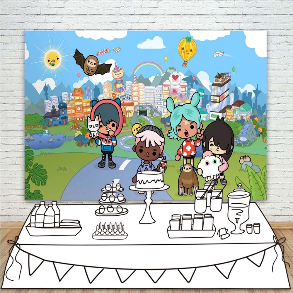 Telón de fondo de Toca Boca Life para fiesta de cumpleaños, suministros de vinilo de 5 x 3 pies, decoración de mesa de pastel de vinilo, pancarta,