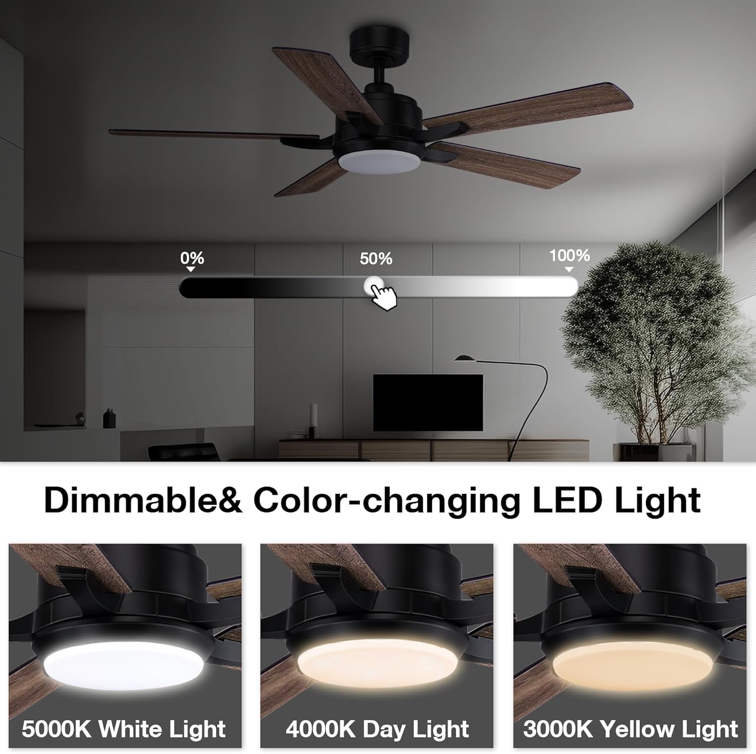 Ventiladores de techo inteligentes de 52 pulgadas con control remoto de luces, motor de CC silencioso, ventilador de techo moderno para interiores y