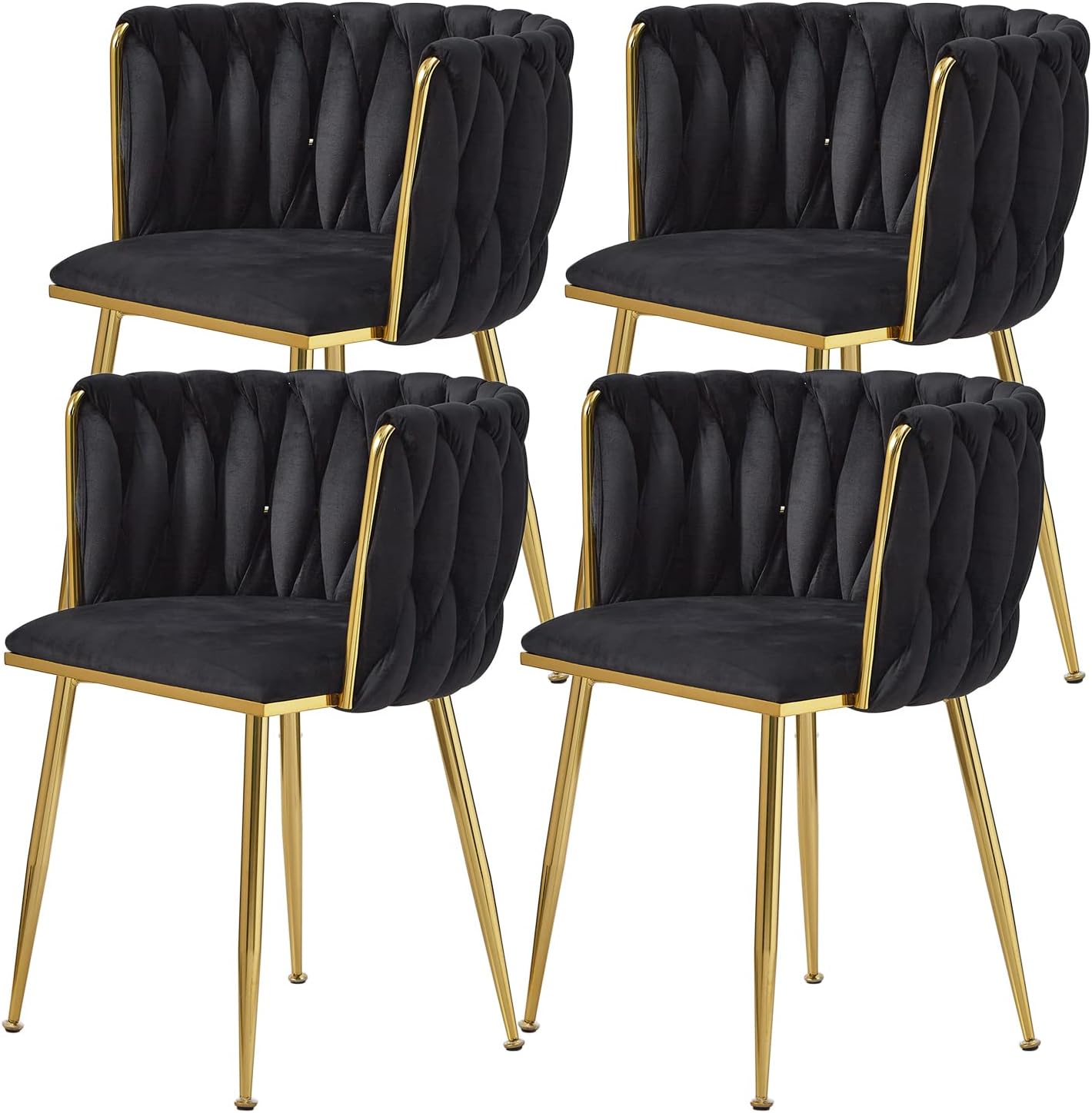 Tsuysi Juego de 4 sillas de comedor de terciopelo negro, sillas de comedor tapizadas con patas de metal dorado, silla de comedor tejida moderna para