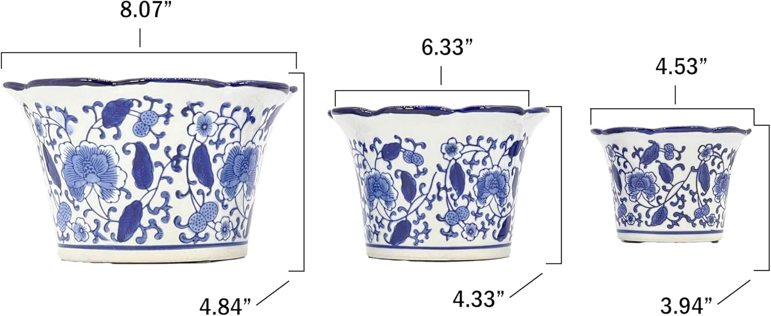 Galt International Maceta decorativa de cerámica de porcelana floral azul y blanca de 8 pulgadas, 6 pulgadas4.5 pulgadas, diseño chino asiático,