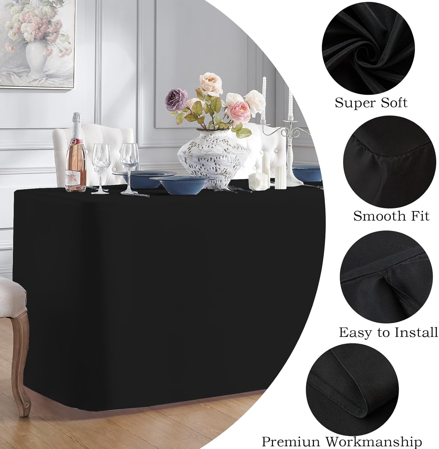Paquete de 2 manteles negros ajustables para mesas rectangulares de 4 pies, resistentes al agua, tela lavable, de poliéster, para bodas, ferias