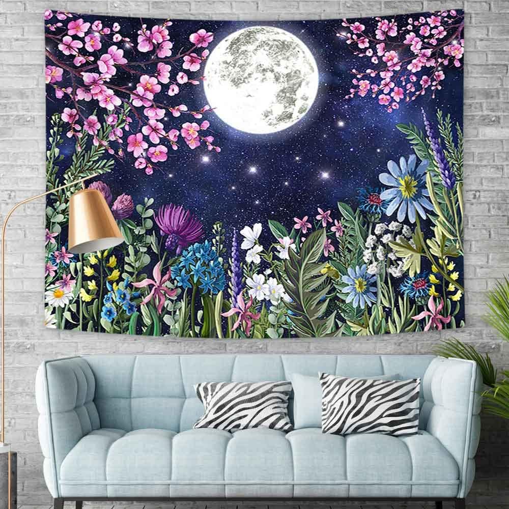 Boziqr Tapiz estético de flores de luna, cielo estrellado, tapiz floral para colgar en la pared para dormitorio, tapiz de paisaje natural,