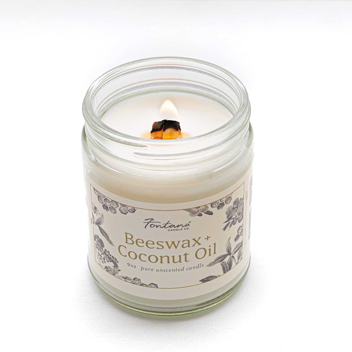 Fontana Candle Company – Vela sin perfume de cera de abejas y aceite de coco de 9 onzas, mecha de madera, no tóxica, largo tiempo de combustión,