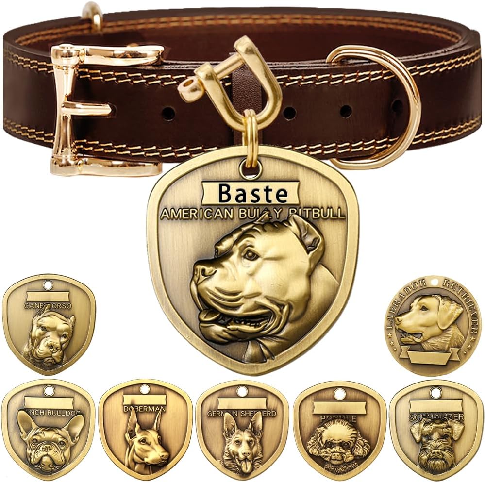ZQDJ Collar de perro de cuero genuino+3D grabado en relieve American Bully Pitbull Dog Tag Set