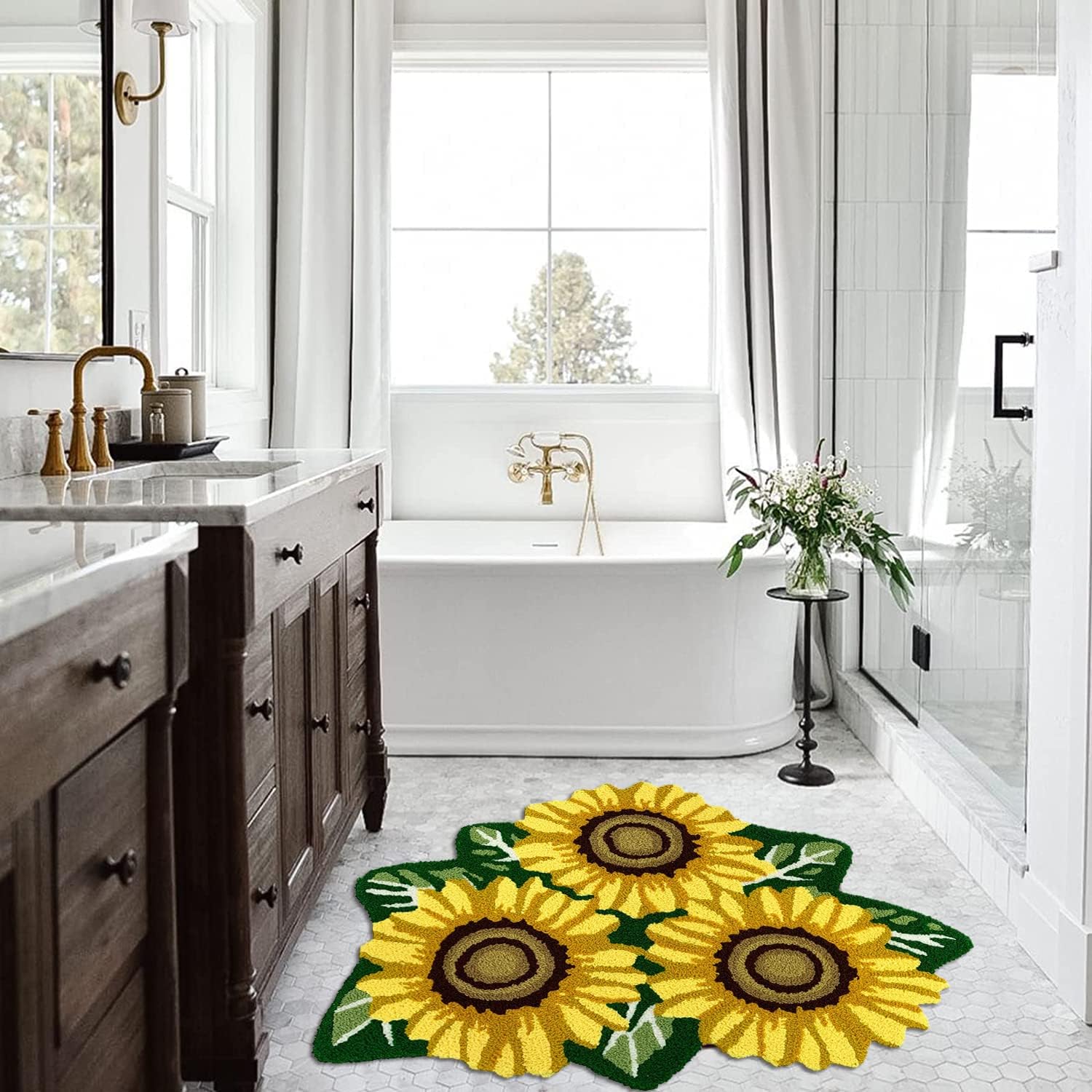 ABREEZE Alfombra de algodón tejida a mano con forma de girasol, alfombra lavable de baño, alfombra de interior para porche delantero, granja,