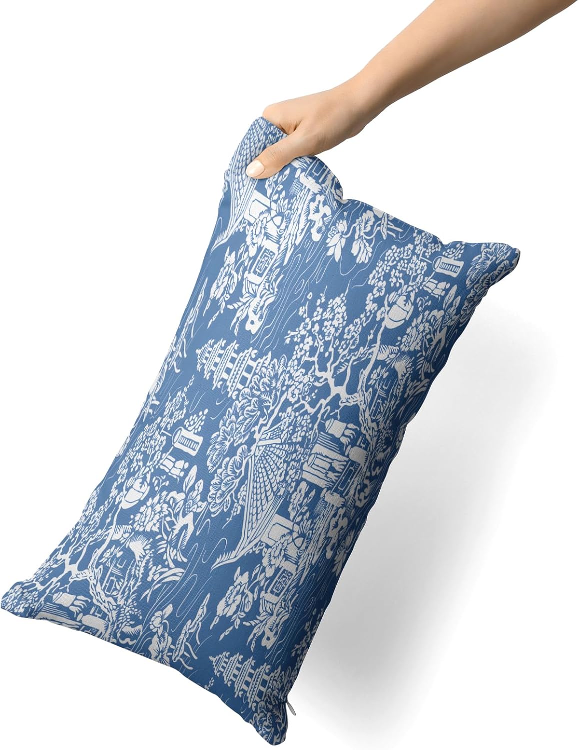 Snycler Chinoiserie – Juego de 2 fundas de almohada azules y blancas para exteriores, fundas de almohada chinas de construcción antigua de algodón,