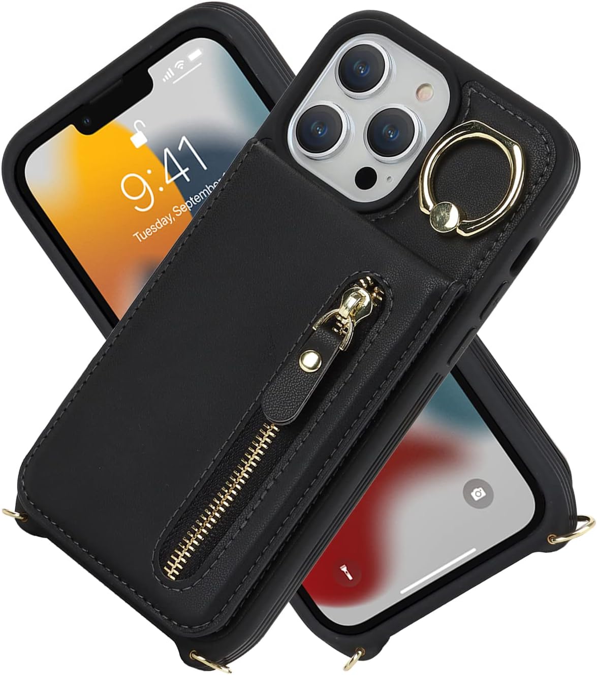 Funda para iPhone 13 Pro Max con correa, iPhone 13 Pro Max con tarjetero y ranuras para tarjetas de crédito Crossbody con función atril y cremallera