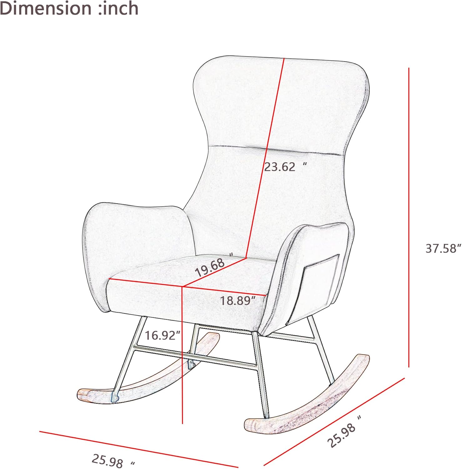 Silla mecedora moderna con acento tapizado, con respaldo alto y reposabrazos para sala de estar (tela de peluche gris)