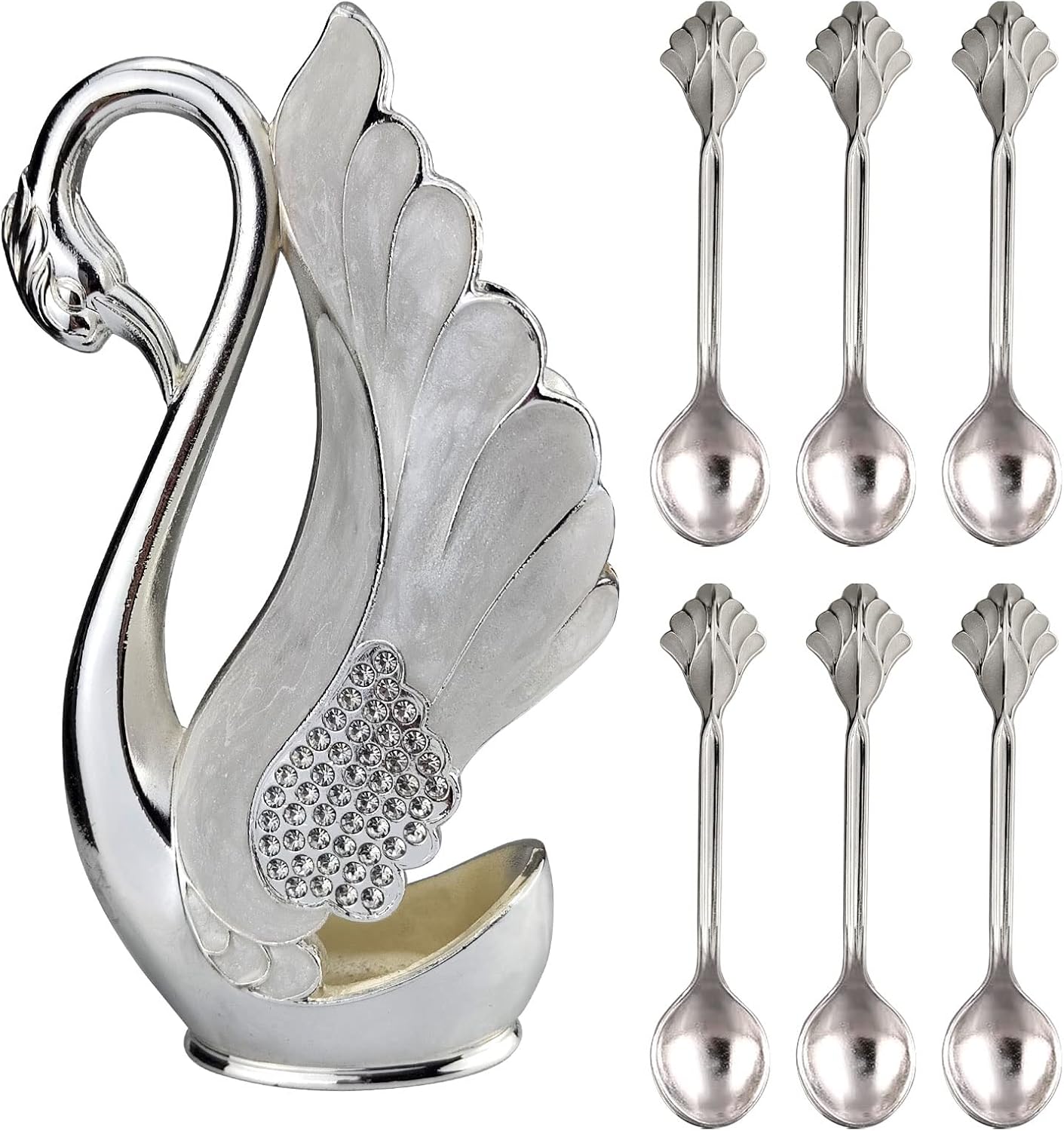 Soporte de base de cisne con 6 cucharas de postre de café, organizador de cucharas de café de metal, cucharadita de fruta, postre, cubiertos,