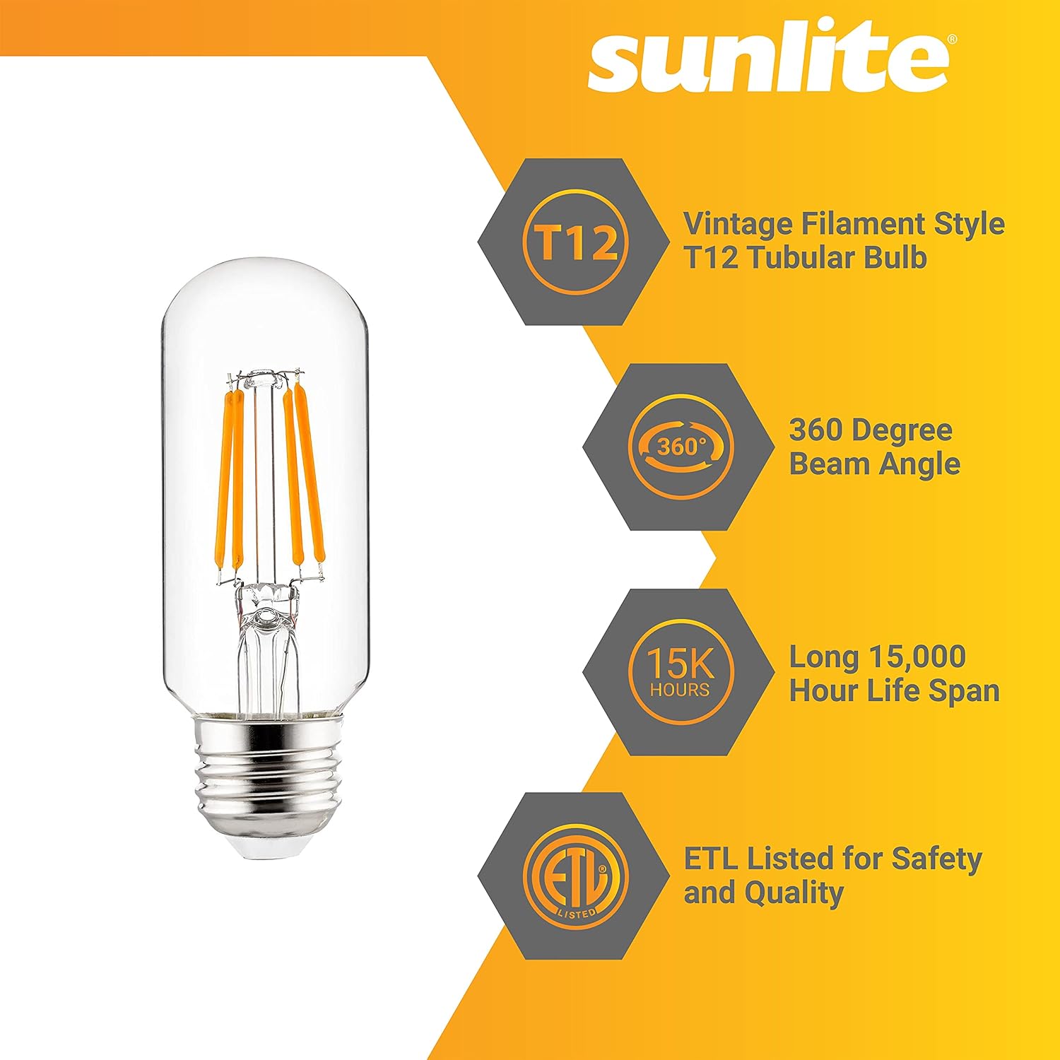 Sunlite 80892 – Bombilla tubular de filamento LED T12, 3 vatios (equivalente a 40 W), 350 lúmenes, certificación ETL, 3.53 pulgadas, base E26 media,
