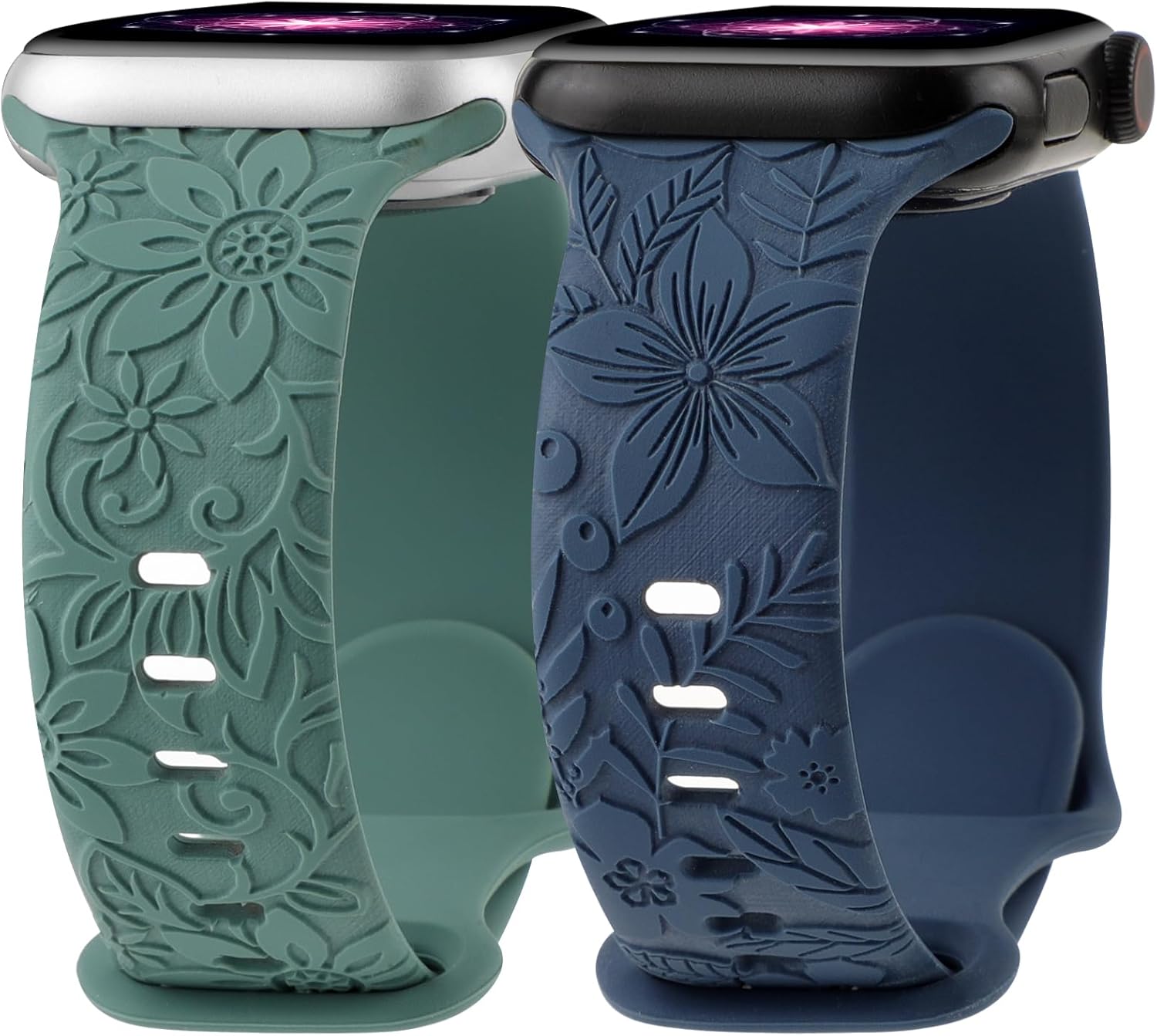 Correa deportiva de silicona con grabado floral compatible con Apple Watch de 1.575 in, 1.614 in, 1.496 in, 1.654 in, 1.732 in, 1.772 in y 1.929 in