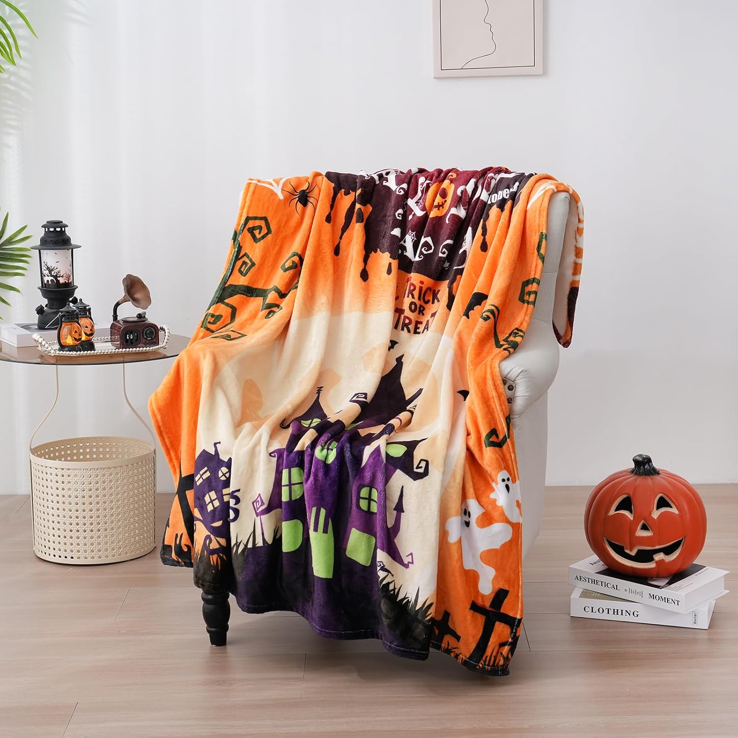 NeoHundreds Mantas de Halloween para cama, decoración interior del hogar, manta de vellón de terciopelo suave y acogedora, franela de microfibra,