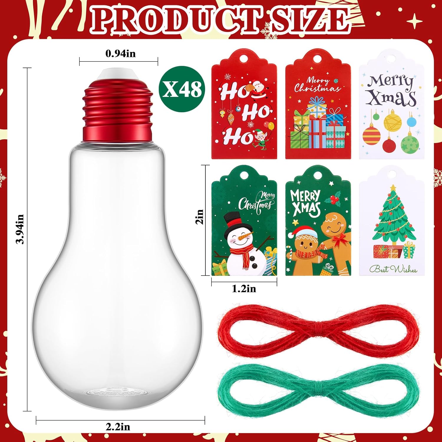 Tessco 48 tarros de plástico de Navidad con tarjeta y cuerda, 3.4 onzas, 3.4 fl oz, transparente, rellenable, para caramelos, bombillas de plástico