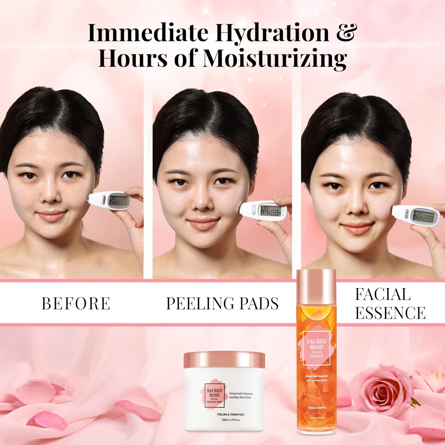 K BEAUTY SACRED ROSE FACIAL ESSENCE – Suero iluminador facial infundido con agua de rosas y 6 tipos de suero de ácido hialurónico para la cara que