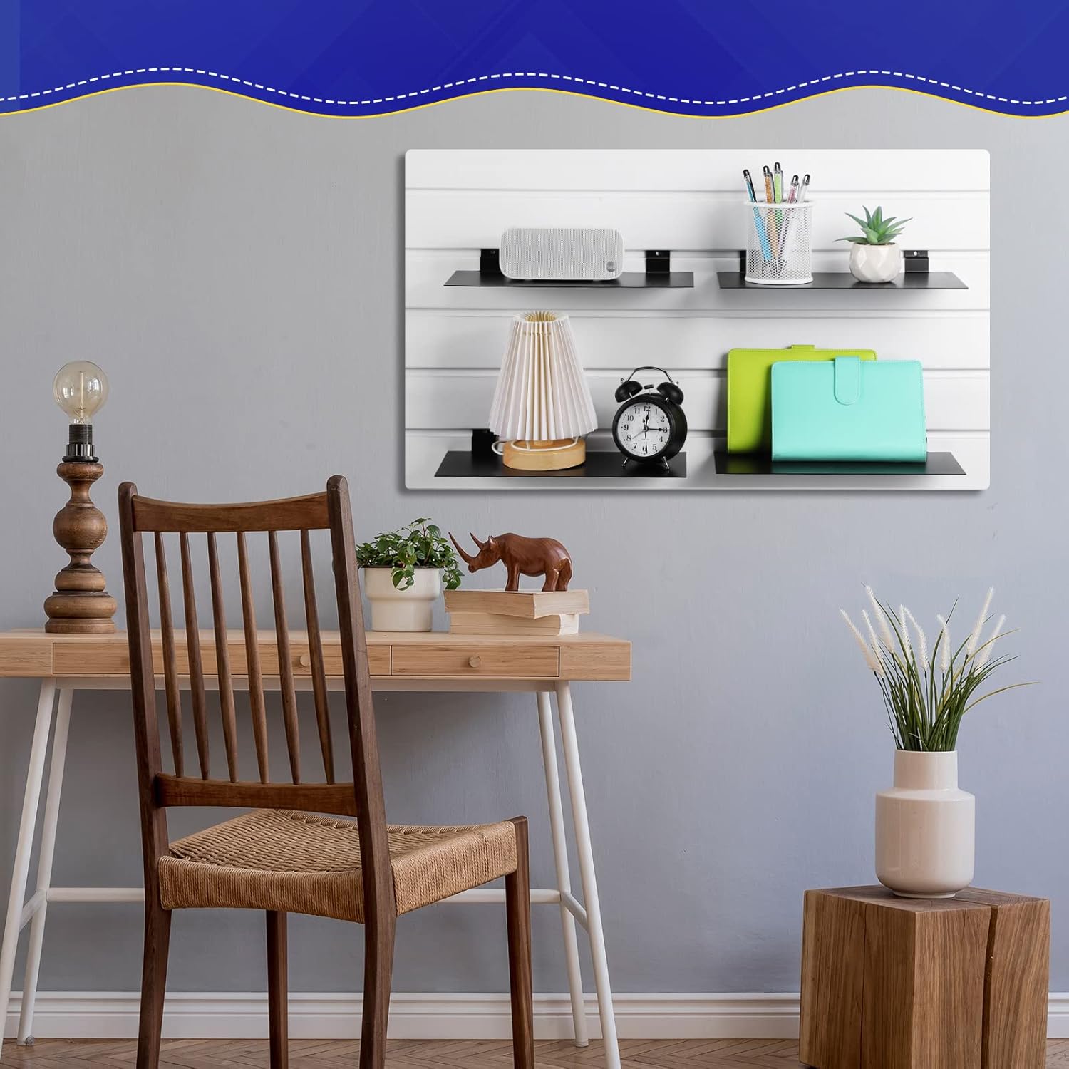 LEIFIDE Estantes de metal de 12 x 6 pulgadas, estantes de exhibición planos para colgar en pared de listones, dormitorio, oficina, hogar, sala de