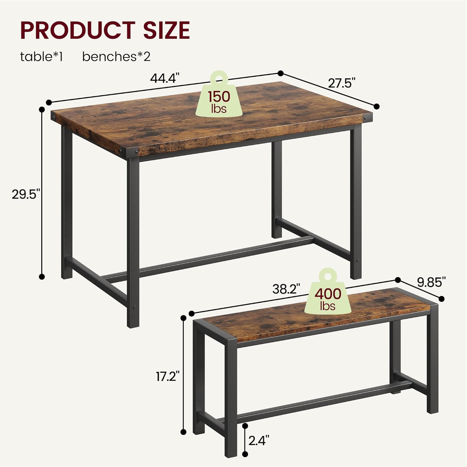 IDEALHOUSE Juego de mesa de comedor para 4, mesa de cocina con bancos, juego de mesa de comedor rectangular con 2 bancos de madera de metal, juego