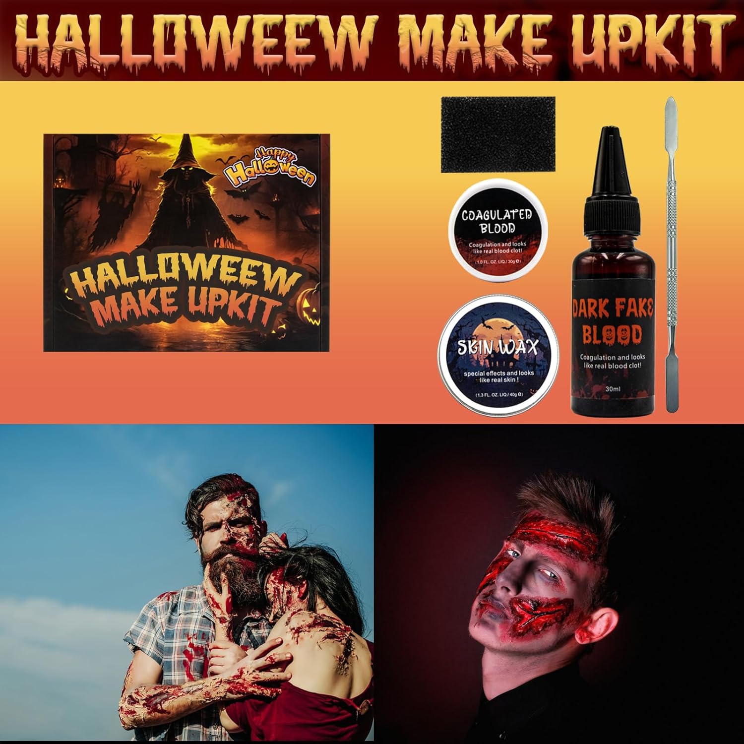 SFX – Kit de maquillaje para Halloween, suministros de maquillaje de efectos especiales  11 piezas con cera de cicatrices, sangre coagulada,