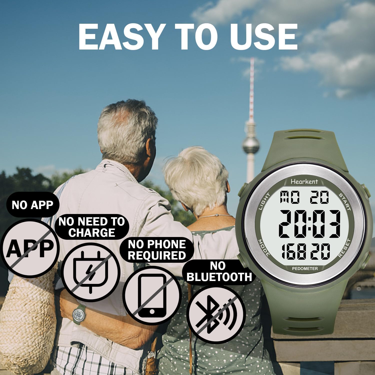 Reloj podómetro para personas mayores, sin Bluetooth, no requiere aplicación, con contador de pasos, calorías y números grandes, luz de fondo