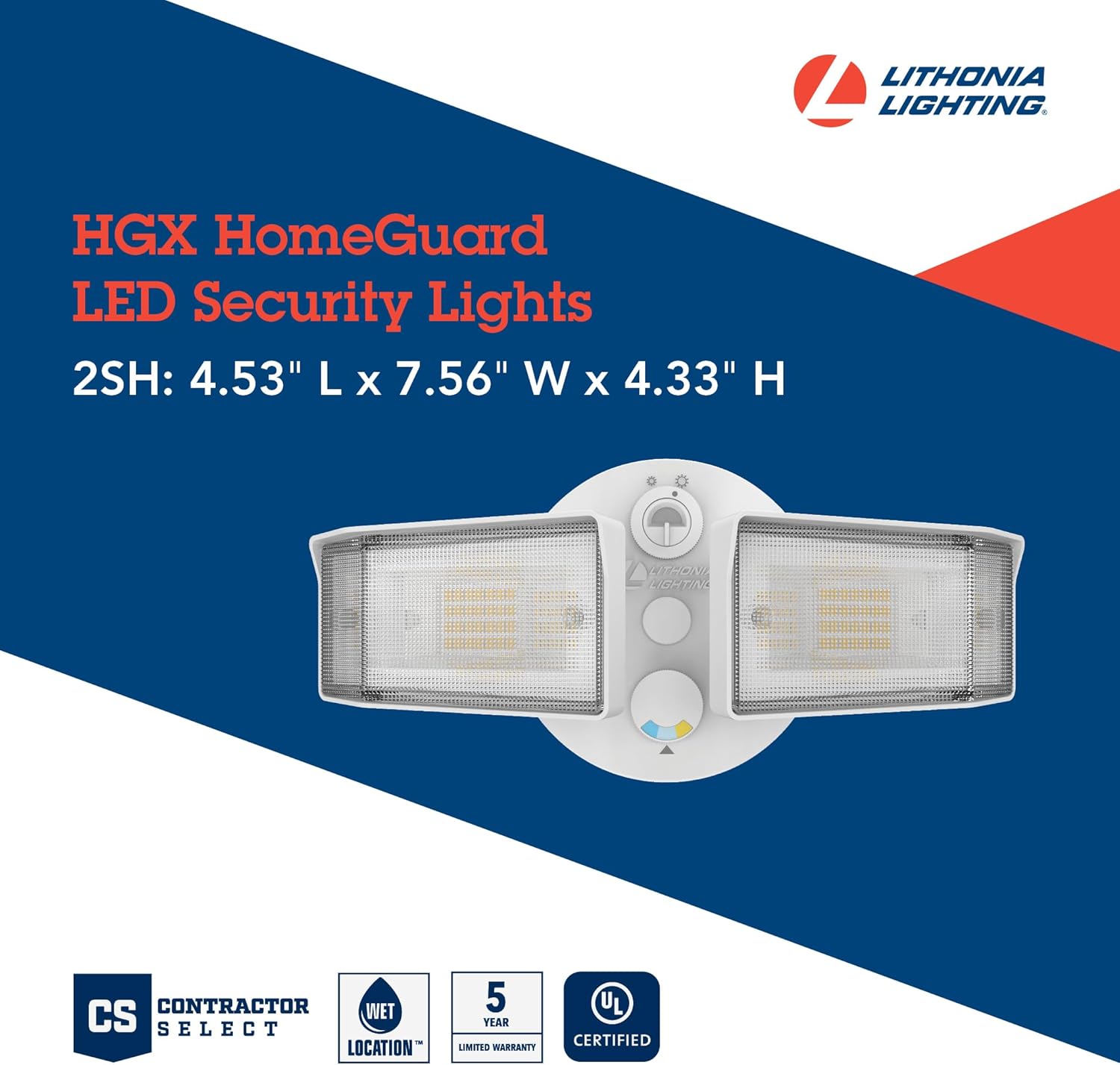 Lithonia Lighting HGX LED 2SH ALO SWW2 120 PE WH M2 HomeGuard – Reflector LED de seguridad para exteriores, salida de luz ajustable, CCT conmutable,