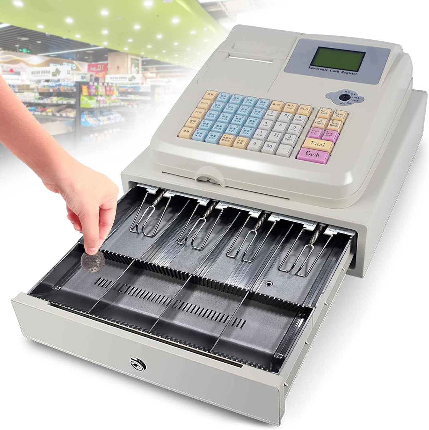Caja registradora electrónica con 48 llaves Sistema POS caja registradora W8 ranuras para monedas y 3 ranuras para billetes, 8 pantalla LED digital