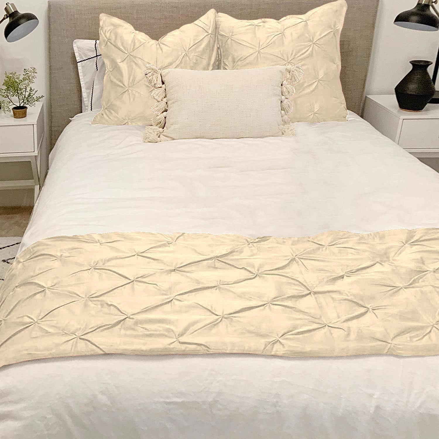KBC linen Juego de corredor de cama 100% algodón de 800 hilos, 5 piezas, plisado, bufanda decorativa, camino de cama plisado de 1 pizca y 4 fundas