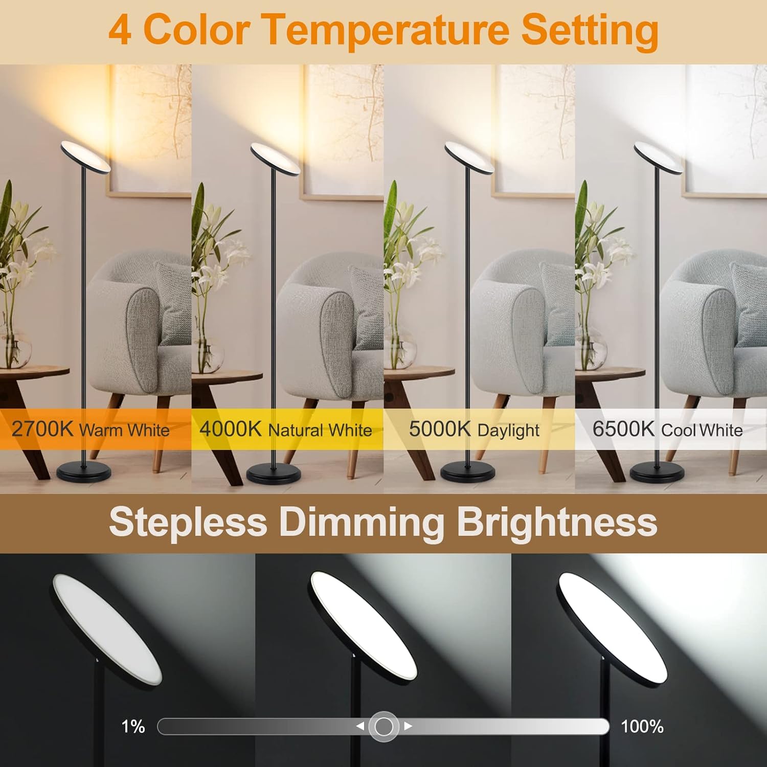 OUTON Lámpara de pie LED inteligente, 30 W3000 lúmenes, regulable, brillante, lámpara de cielo, compatible con Alexa Google Home, control remoto