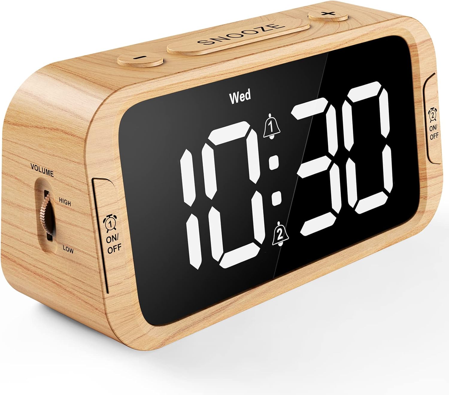 Reloj despertador digital dual para dormitorio, 0-100% atenuador, modo día de semanafin de semana, fácil de configurar, cargador USB, volumen de